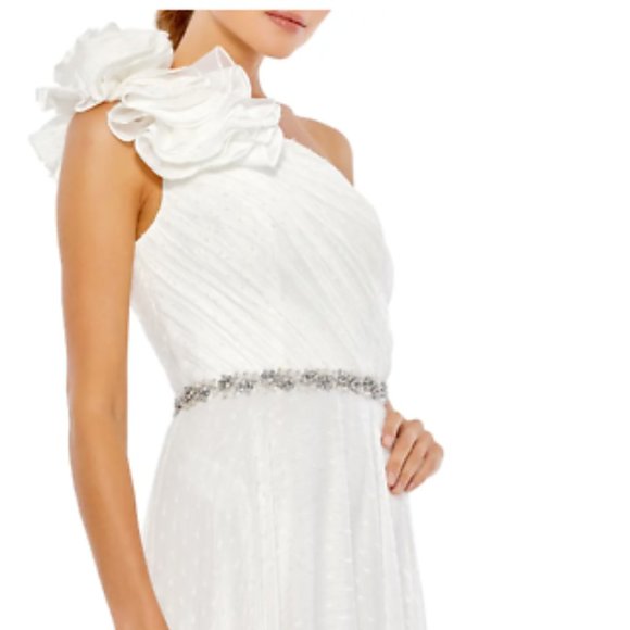 MAC DUGGAL ROSETTE APPLIQUE ONE SHOULDER CHIFFON WHITE GOWN sz 12 - Picture 2 of 6